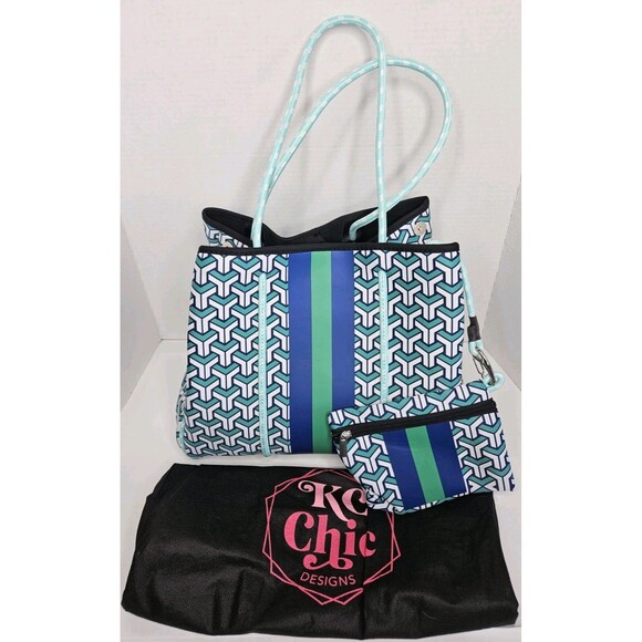 Neoprene Large Tote Bag With Zip Pouch Green Geometric KC Chic Designs Dust Bag - Picture 1 of 5